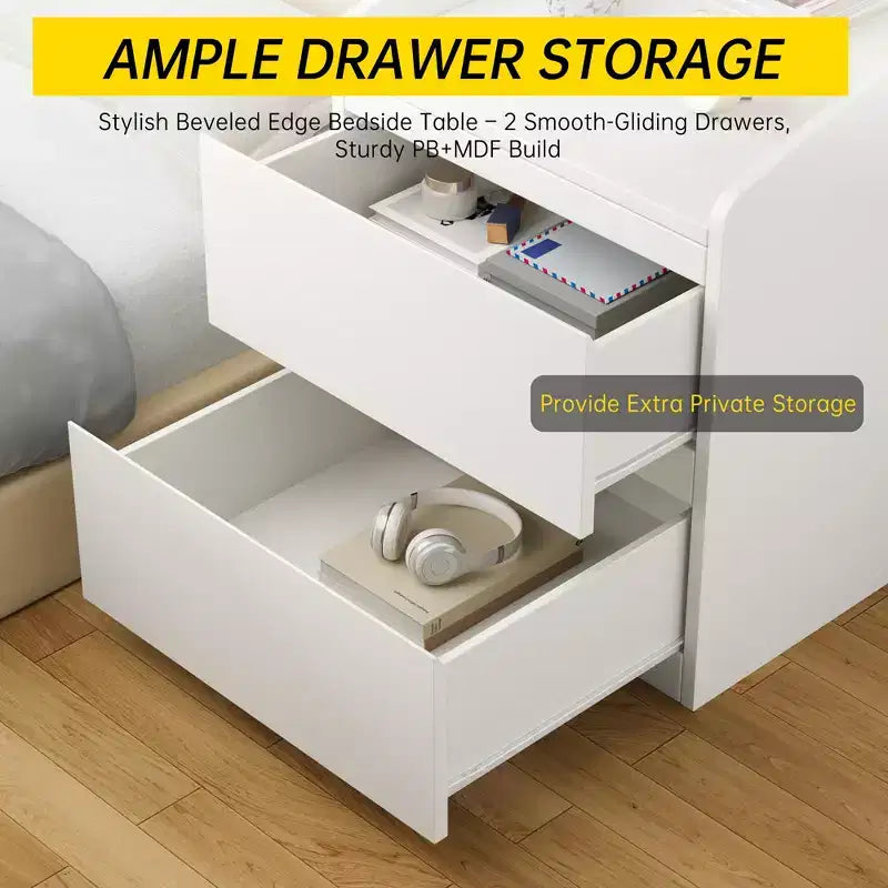 Comodino moderno, tavolino da letto con 2 cassetti, design senza maniglie, per soggiorno