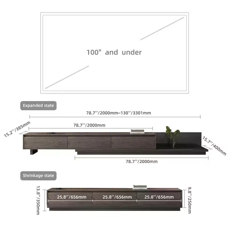 78.7in modern expandable TV stand in Dark Walnut, media console with 3 drawers